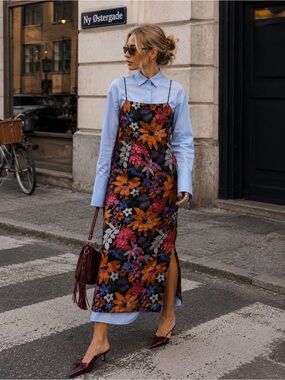 Floral Embroidered Slip Midi Dress in Black with Orange & Pink Accents